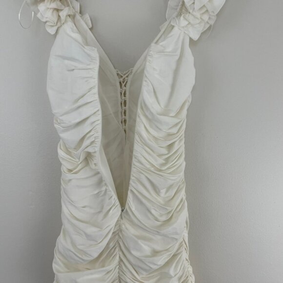 Zara White Linen Blend Ruched Ruffled Tie Front Mini Dress Size Small - Picture 5 of 6